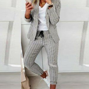 ChicMe Plaid Print Blazer Coat & Drawstring Pants Set